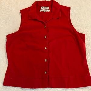 Columbia sleeveless top - linen/cotton full button front. L. Drawstring back.